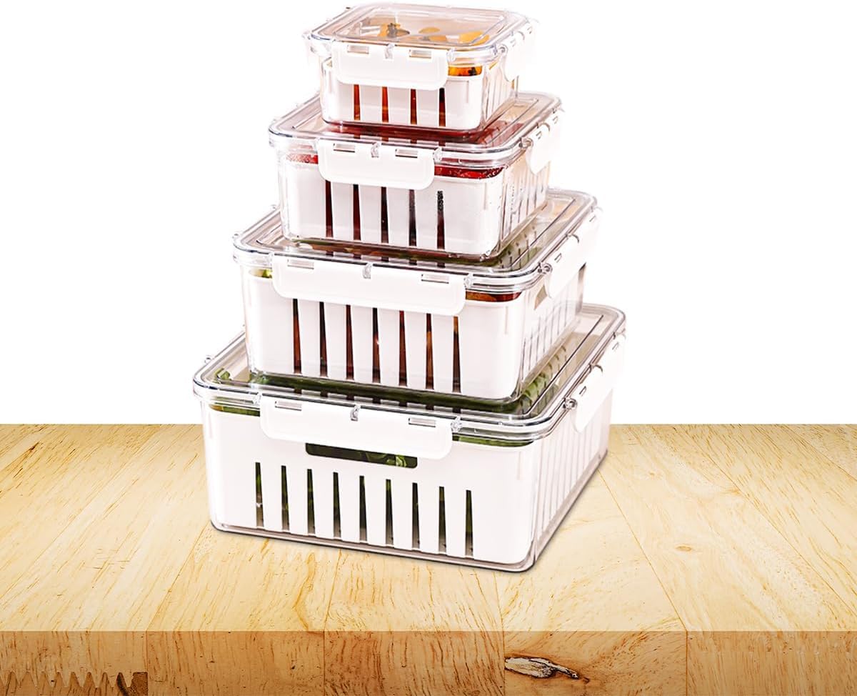 Food Storage Containers with Lids, 4-Piece Fridge Organizer Set with Drain Baskets, Stackable BPA-Free Clear Plastic Produce Keepers for Fruits and Vegetables, Square White - image 1