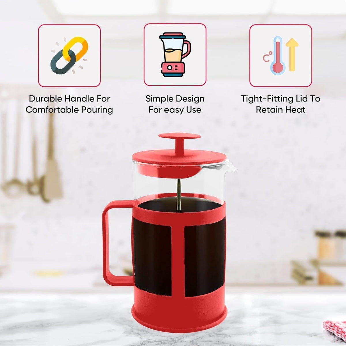 French Press 350 ml, Glass Coffee and Tea Maker with Stainless Steel Filter, Heat-Resistant BPA-Free Manual Coffee Press, Easy to Clean, Red - image 2
