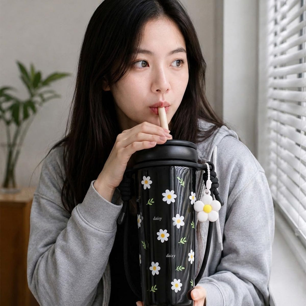 Travel Mug 720ml, Stainless Steel Vacuum Insulated Tumbler with Straw Lid, Carry Handle, Shoulder Strap, Removable Filter and Leak-Resistant BPA-Free Lid, F-1547 (Black) - image 7