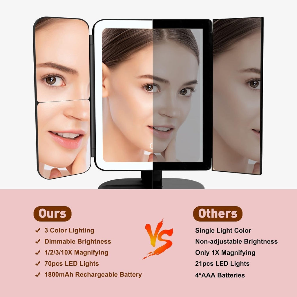 Makeup Mirror with Lights, 3-Sided LED Vanity Mirror with 3 Light Modes, Adjustable Angle and Tabletop Stand for Daily Beauty and Grooming, X-613 (Black) - image 3