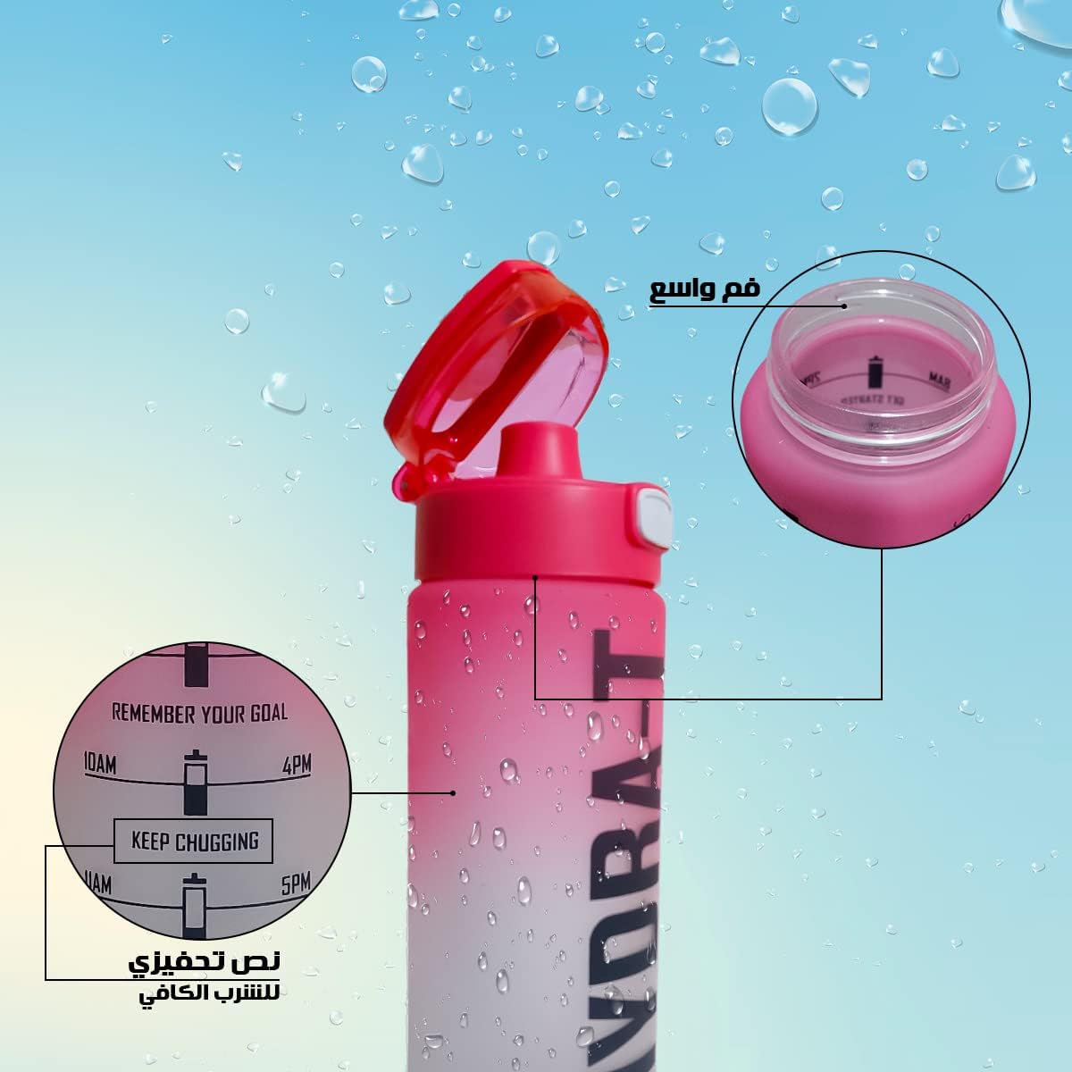 Sports Water Bottle 1L BPA-Free Leakproof with Carry Handle for Gym, Fitness, Yoga, School and Travel (Pink and Grey) - image 4