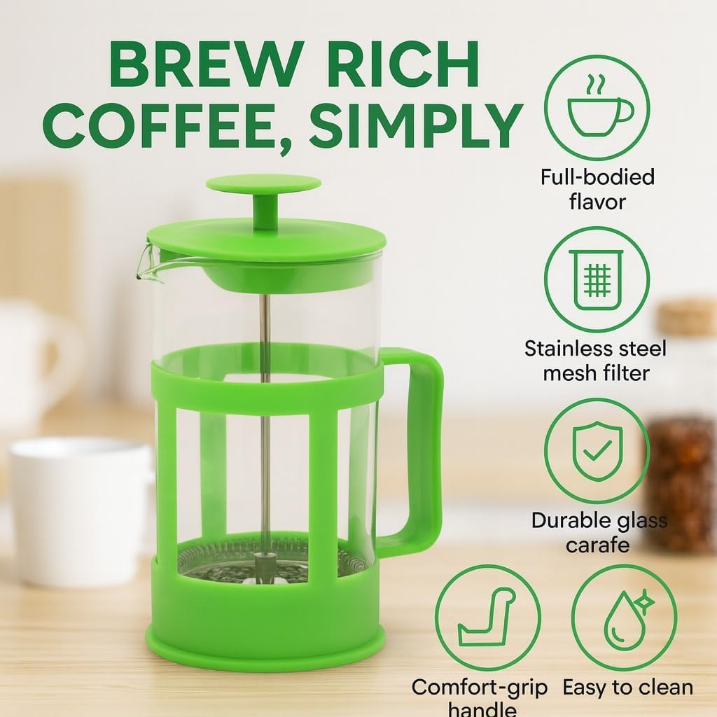 French Press Coffee Maker 350ml, Glass Coffee and Tea Press with Stainless Steel Filter, Compact Manual Cafetiere for Home, Office and Travel (Green) - image 2