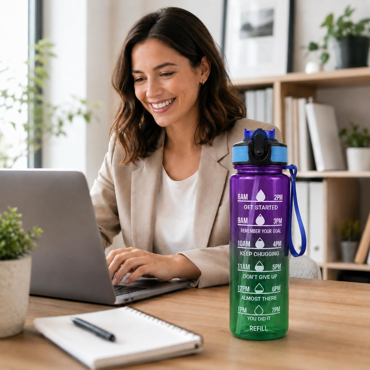 Water Bottle 1L with Time Markings and Carry Handle, Leak-Resistant Reusable Sports Bottle for Gym, Fitness, Work, School, Travel and Outdoor Use, FL-1263 (Purple & Green) - image 7