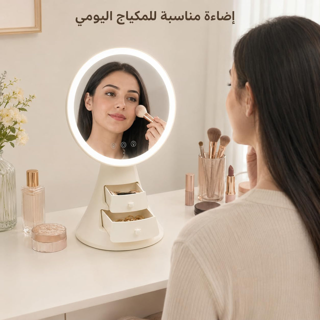 Makeup Mirror with Lights and Organizer, LED Vanity Mirror with Touch Control, 3 Light Modes, Adjustable Angle and Cosmetic Storage for Dressing Table, X-611, White - image 6