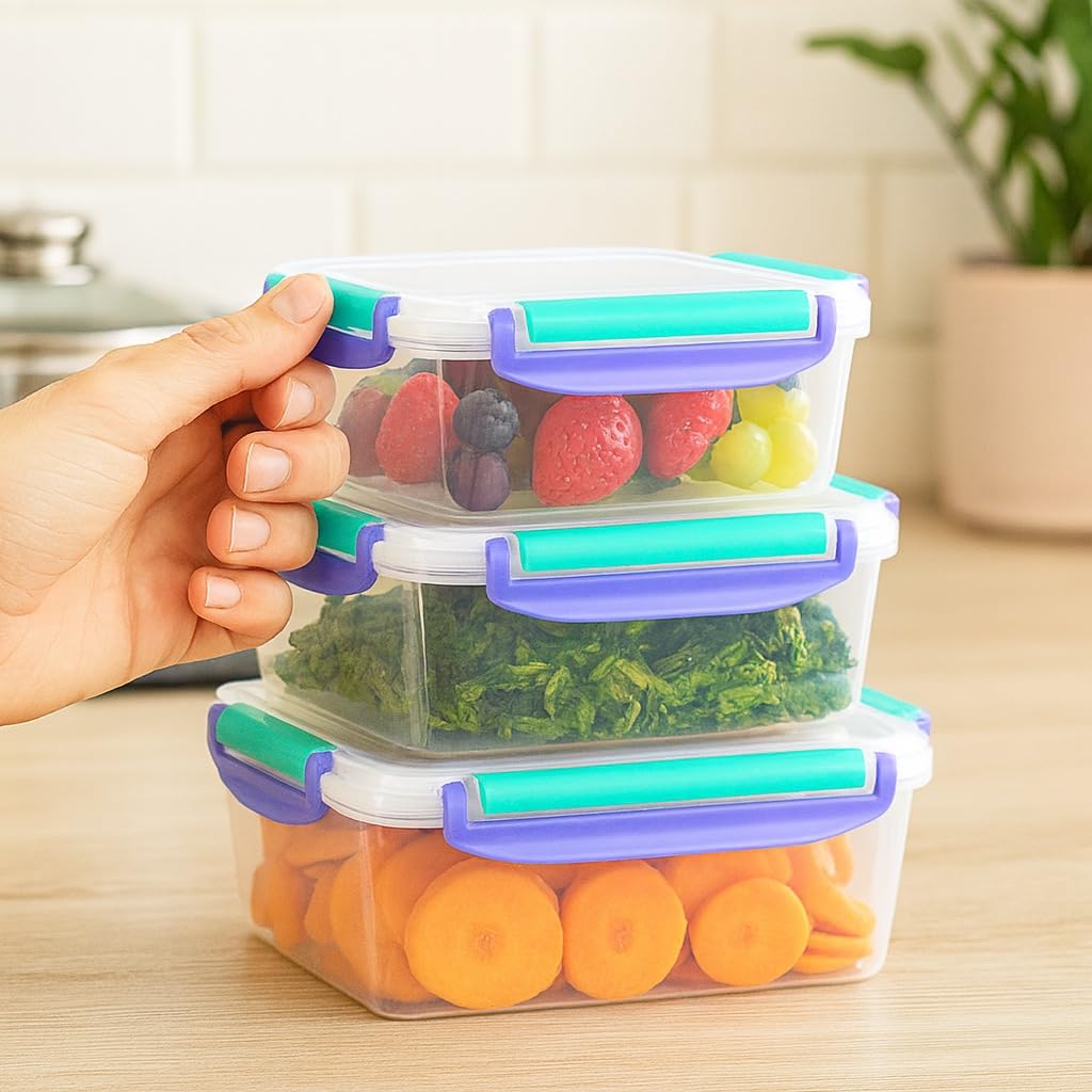 Food Storage Containers Set 3 Pcs, Triangle Refrigerator Crisper Boxes with Airtight Lids, Microwave and Dishwasher Safe, Food-Grade Plastic for Fruit and Vegetables (Purple) - image 3