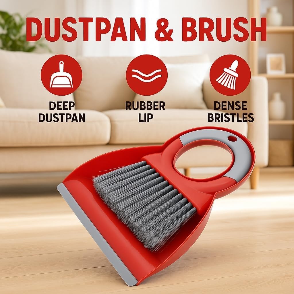 Dustpan and Brush Set, Mini Handheld Broom with Compact ABS Pan for Desk, Keyboard, Car, Sofa, Table and Small-Space Cleaning, Red, C130008 - image 2