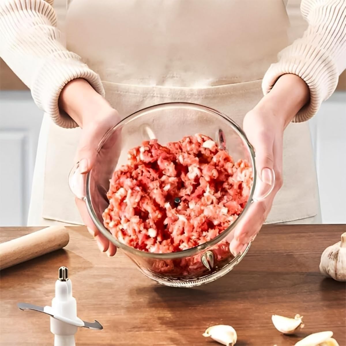 Electric Chopper 300W, 1.5L Glass Bowl Food Processor with 2 Speeds and Stainless Steel Blades for Meat, Vegetables, Onion and Garlic, Easy to Clean, KM4050 - image 6