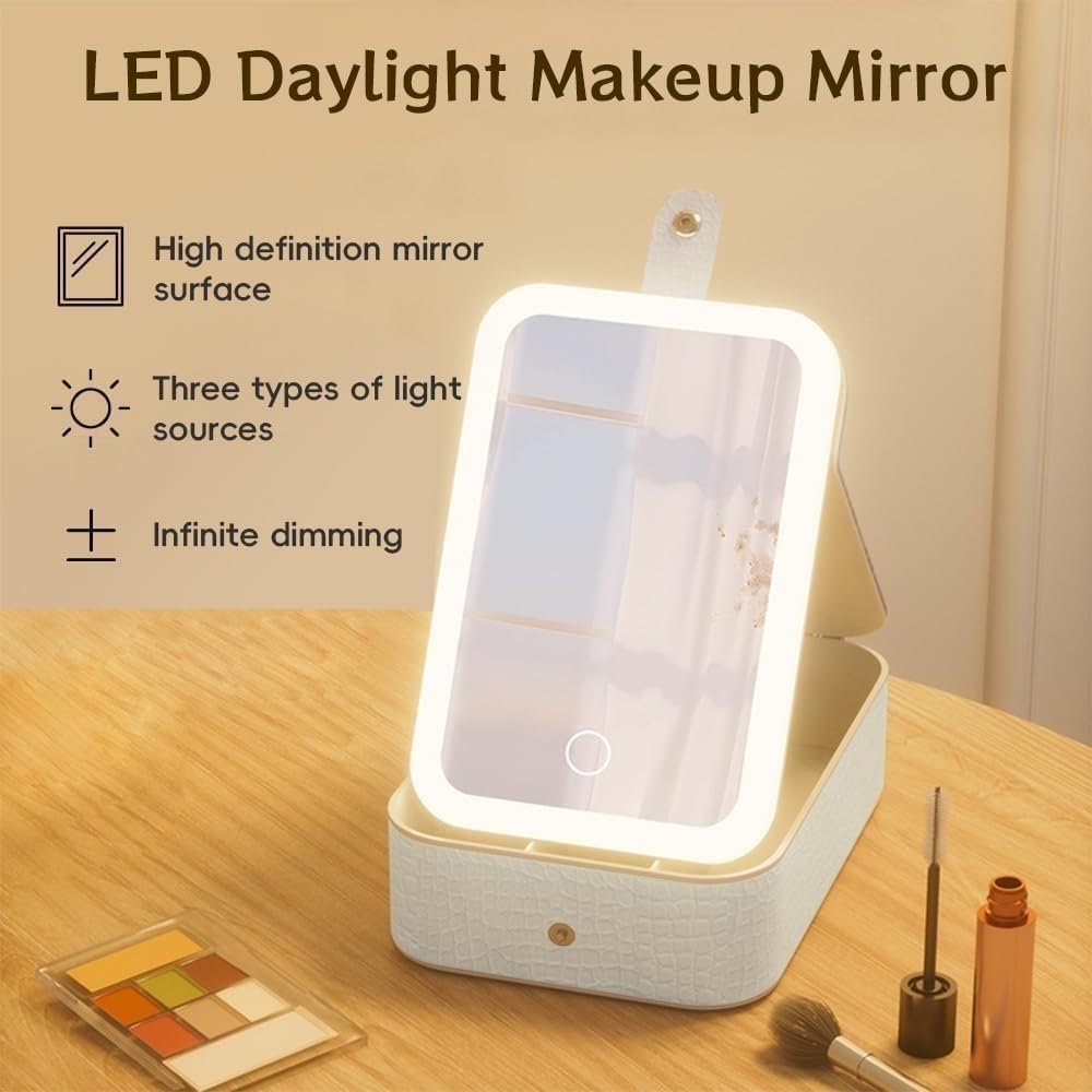 Makeup Mirror with Lights and Organizer Box, Rechargeable LED Vanity Mirror with 3 Colour Settings, Portable Tabletop Cosmetic Storage for Home, Desk and Travel (White) - image 6