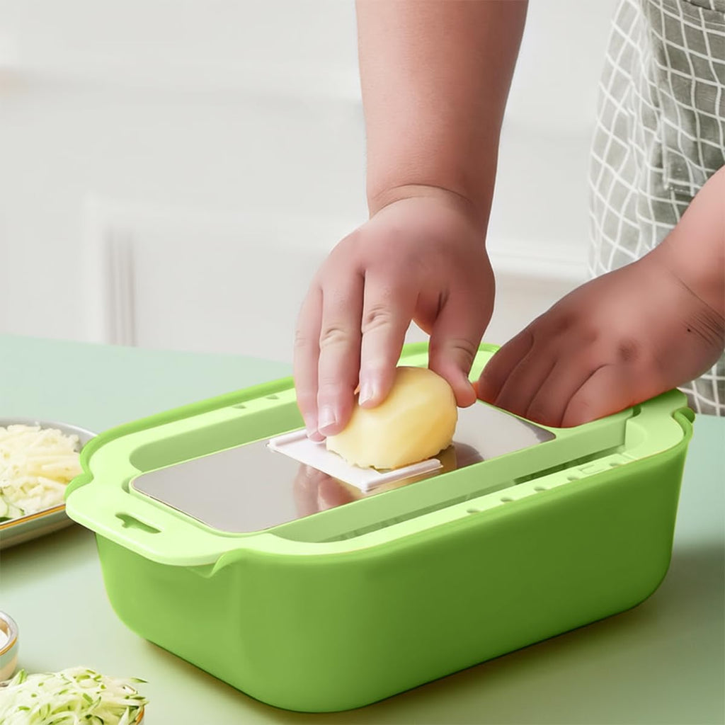Vegetable Slicer with Drain Basket Bowl, Food Storage Containers and Handle, Stainless Steel Blades Veggie Chopper Kitchen Strainer for Vegetables Fruits - image 7