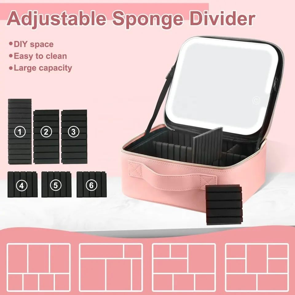 Makeup Bag with LED Mirror, Travel Cosmetic Case with 3 Light Modes, Adjustable Dividers, Brush Slots and Water-Resistant Organizer for Women and Girls, X-494 (Pink) - image 2