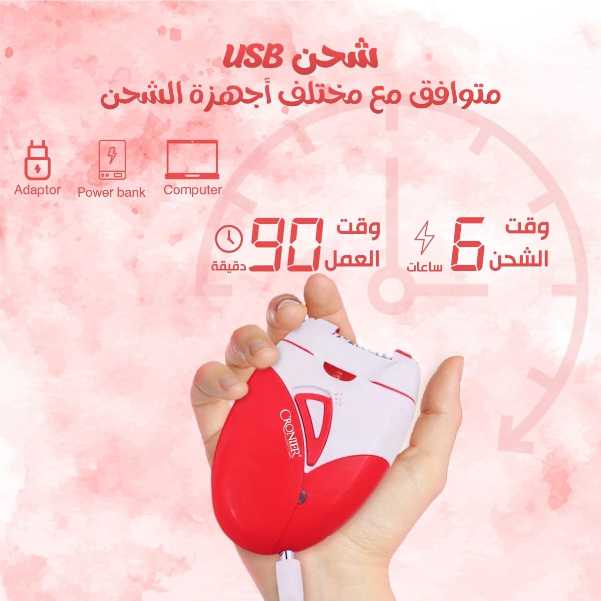 Epilator for Women, Cordless Rechargeable Electric Shaver with LED Light, 2 Speed Levels and 7W Power for Legs, Arms, Face and Bikini Area, CR-8810 - image 5