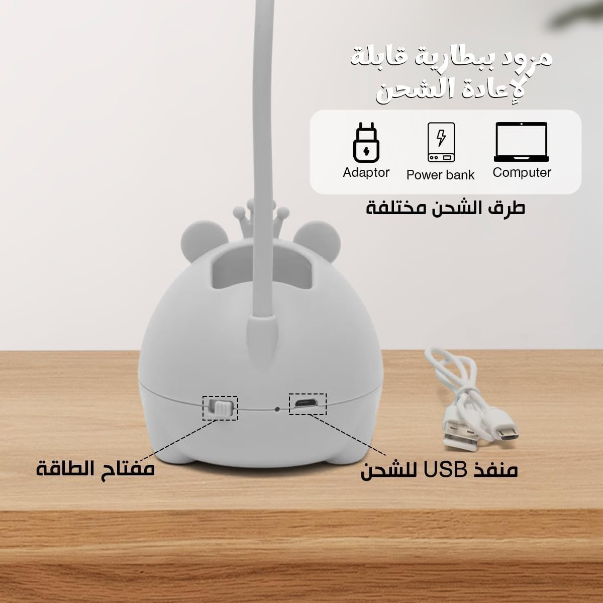 LED Desk Lamp, USB Powered Foldable Table Light with Adjustable Brightness, Portable Reading and Study Lamp for Home, Office, Bedside and Workspace (White) - image 5