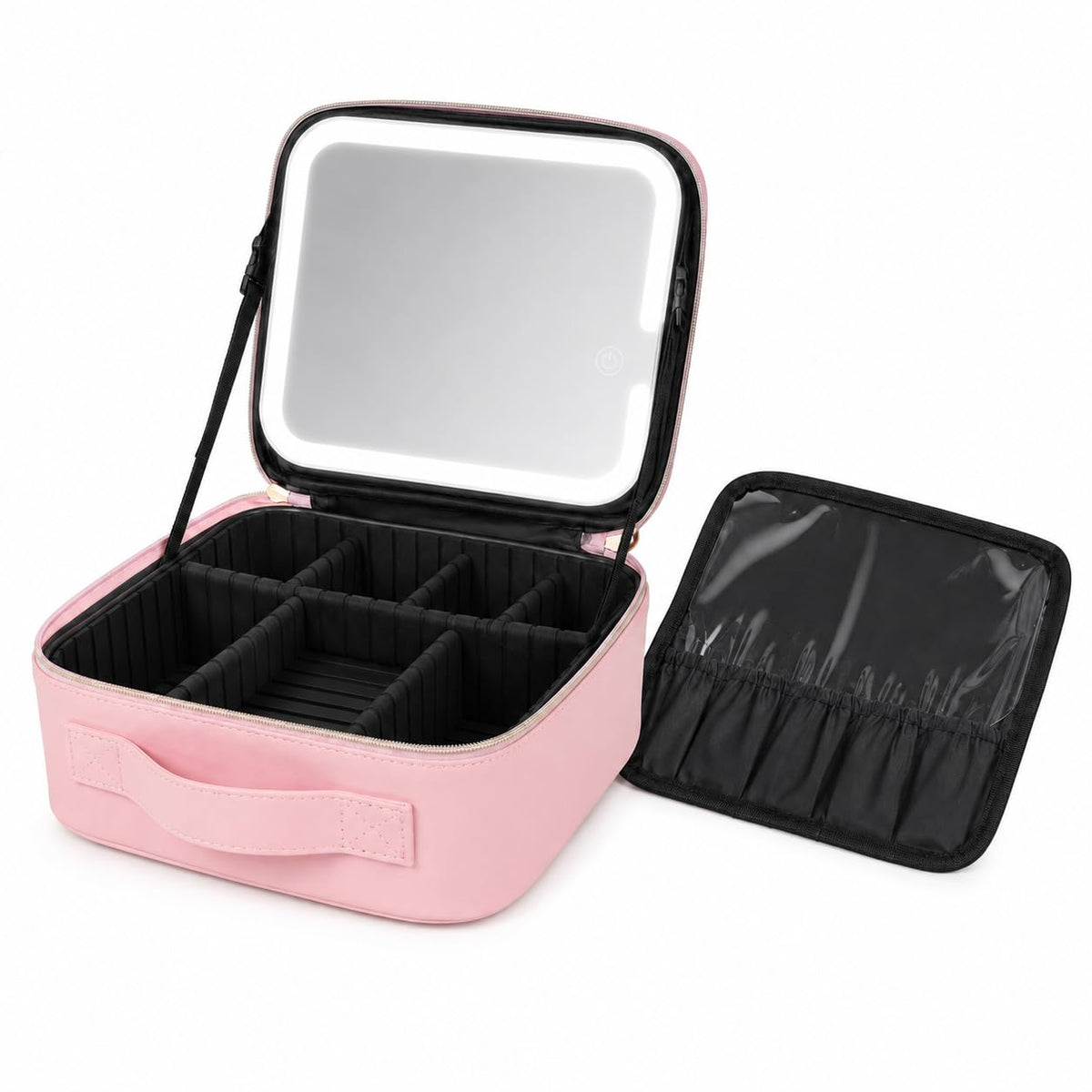 Makeup Bag with LED Mirror, Travel Cosmetic Case with 3 Light Modes, Adjustable Dividers, Brush Slots and Water-Resistant ABS Organizer, X-494, Pink - image 1