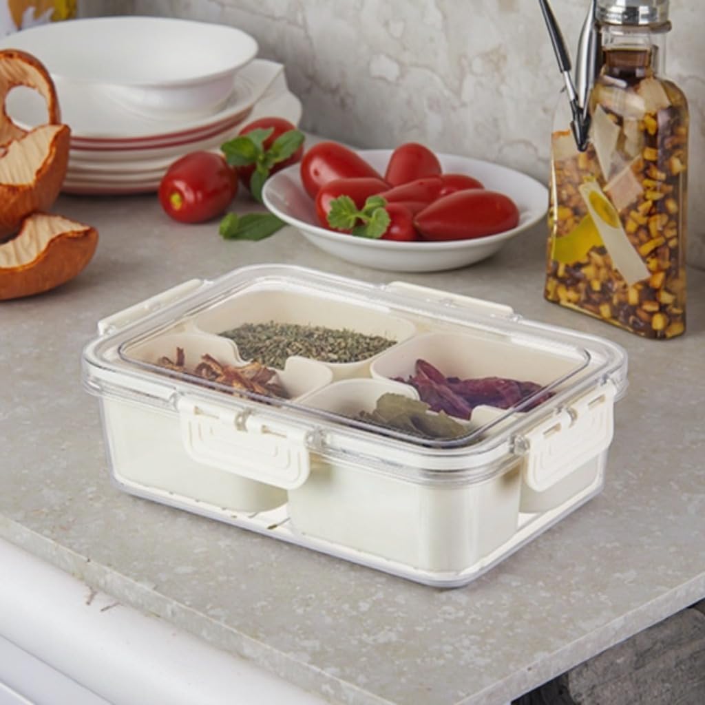 Food Storage Container with Lid, 4-Compartment Divided Snack Box, Airtight Stackable Rectangular Organizer for Fridge, Pantry, Sweets, Fruit, Nuts and Spices, White - image 5