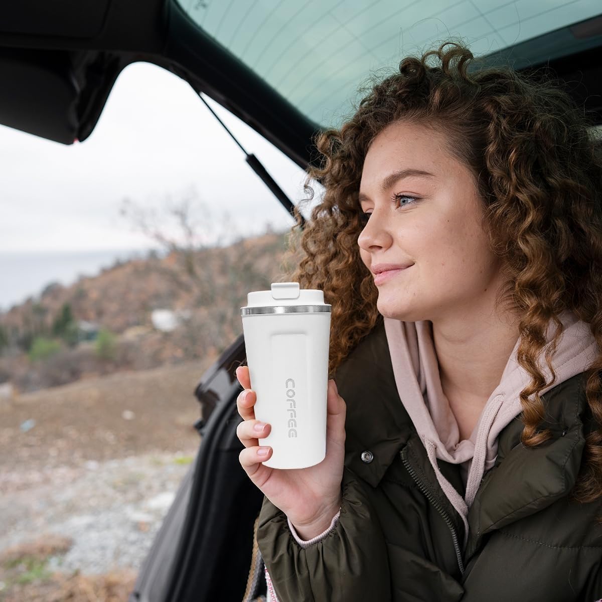 Coffee Cup - Thermal Travel Mug 510 ml, Stainless Steel Vacuum Insulated Double Wall, Leak Proof with Non-Slip Base, BPA-Free, for Hot and Cold Drinks (White) - image 7