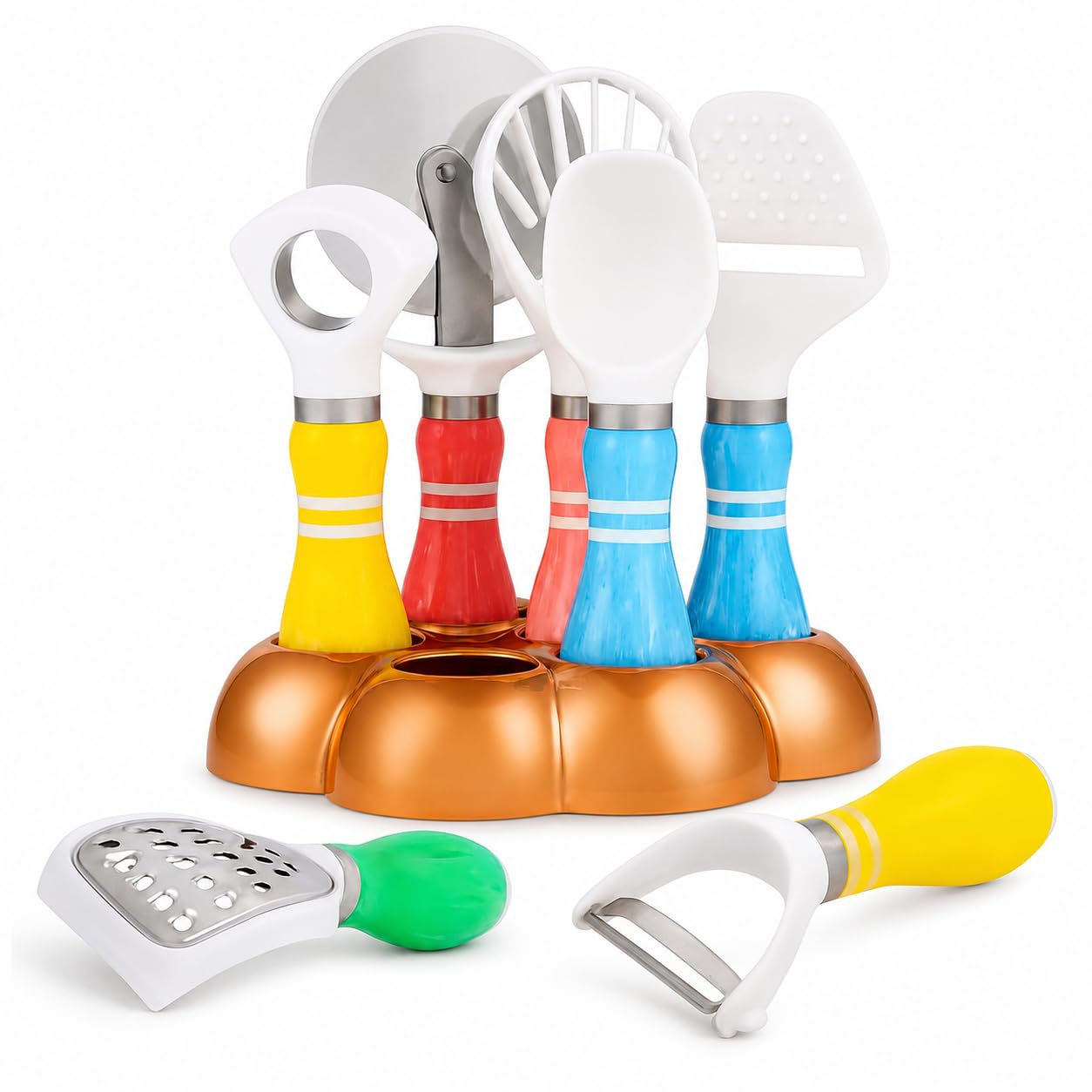 Kitchen Utensil Set 8 Pieces with Holder, Stainless Steel Kitchen Gadgets Including Peeler, Grater and Bottle Opener, Space-Saving Cooking Tools, Multicolor - image 1