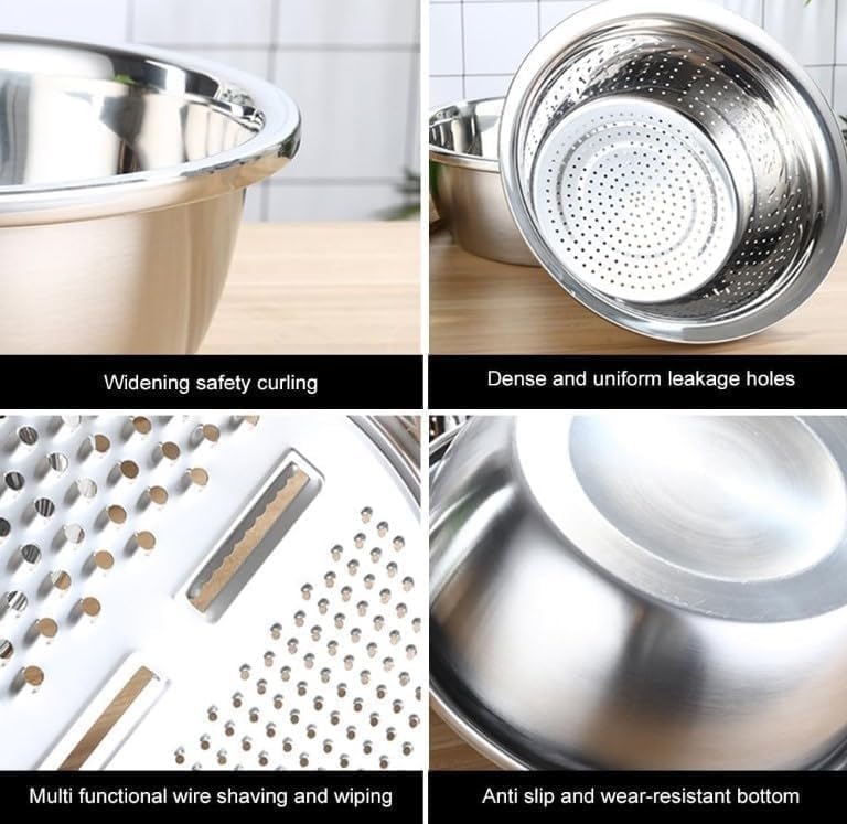 Stainless Steel Mixing Bowl 26cm with Strainer and Grater, 3-in-1 Colander Set for Washing Rice, Draining Pasta, Grating Cheese, Vegetables and Kitchen Prep - image 4
