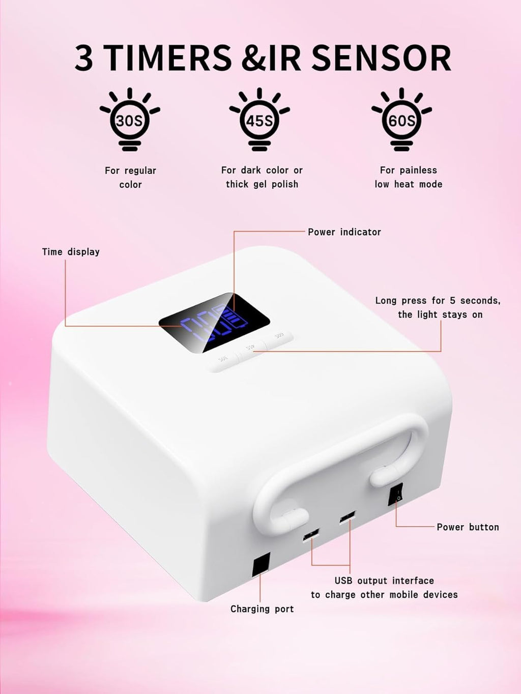 UV Nail Lamp 220W Cordless LED Dryer 48 LEDs Digital Display for Gel Polish Manicure Pedicure Rechargeable Portable Salon BY-10 White - image 8