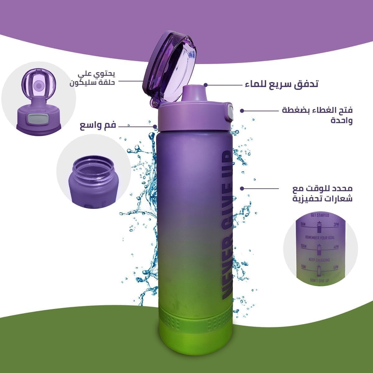 Water Bottle With Straw Lid 1L Bpa Free Leak Proof Reusable Portable Durable For Gym Travel School Home Outdoor Sports Flask With Carry Handle (Purple & Green) - image 4