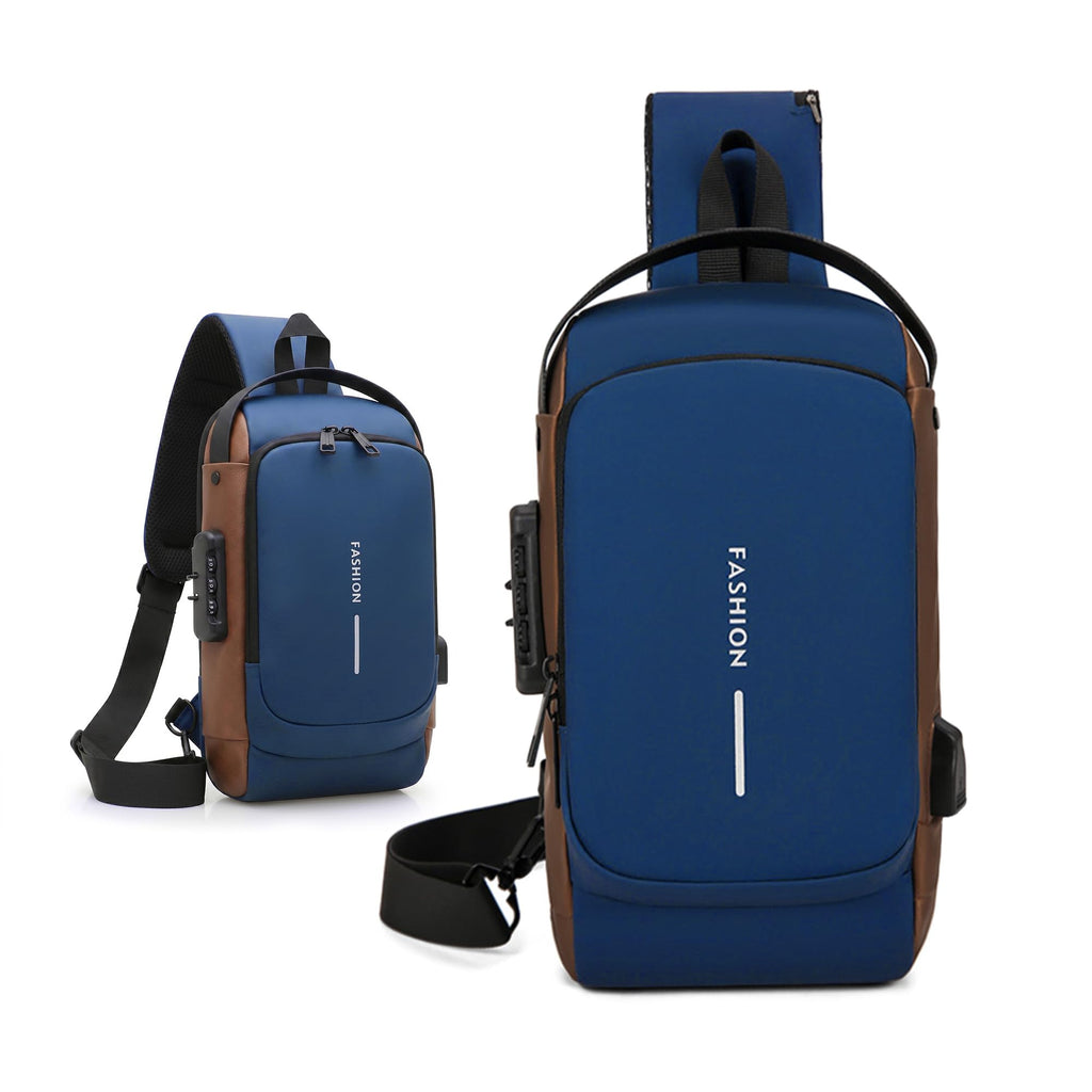 Crossbody Sling Bag, Chest and Shoulder Backpack with Password Lock, USB Charging Port, Adjustable Strap, Multiple Pockets and Zipper Closure for Men and Women, BB-142 (Blue & Brown) - image 1
