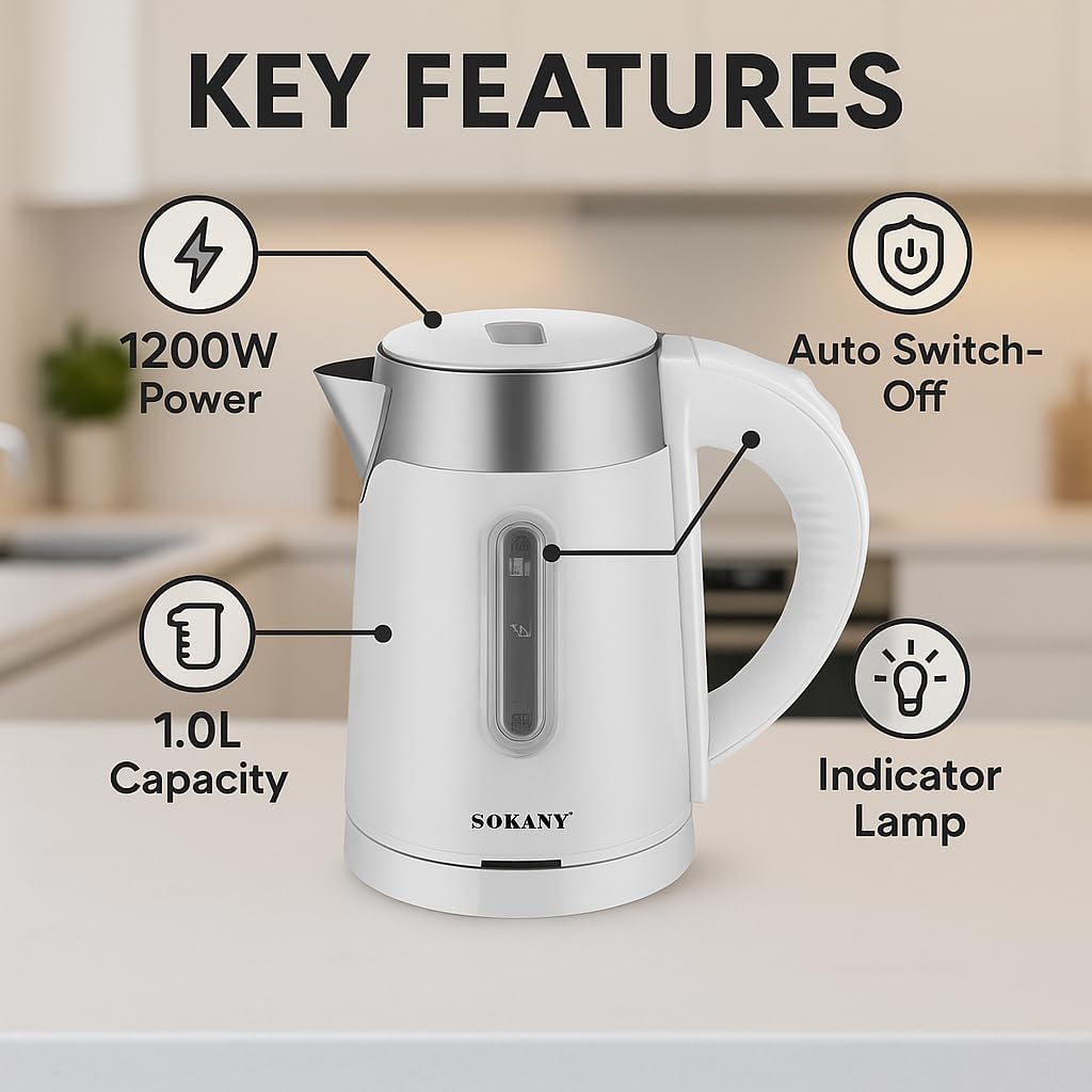 Electric Kettle 1L - Stainless Steel Water Boiler with Indicator Light 1200W, Fast Boil Water Boiler With Auto Shut-Off, 360 Degree Swivel Base, SK-0808 (White) - image 3