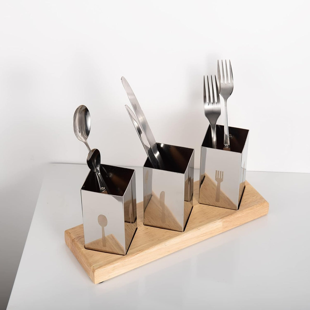 Utensil Holder Set 3 Pcs Stainless Steel Cutlery Organizer with Bamboo Base, Flatware Caddy for Forks, Knives and Spoons, Kitchen Countertop and Dining Table - image 3