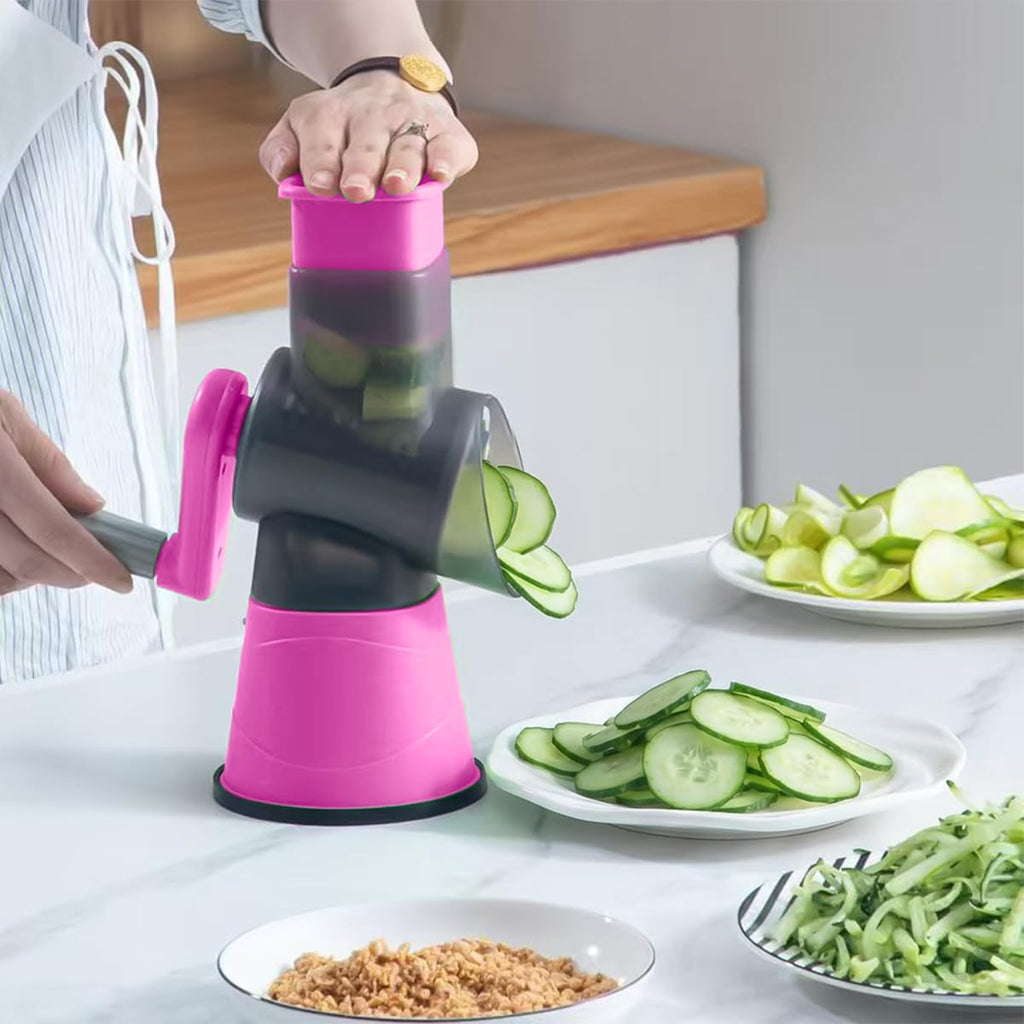 Tabletop Drum Grater - Manual Slicer, Multifunctional Vegetable Cutter, Non-Slip Suction Base, Hand-Crank, Easy to Use, Chopper for Salad, Cheese, Vegetables & Fruits, XE-132 (Pink) - image 7