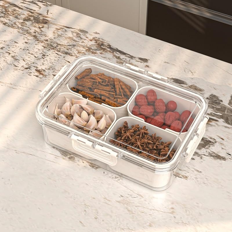 Food Storage Container with Lid, 4-Compartment Divided Snack Box, Airtight Stackable Rectangular Organizer for Fridge, Pantry, Sweets, Fruit, Nuts and Spices, White - image 6