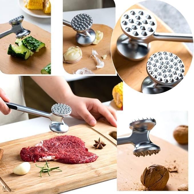 Meat Tenderizer, Stainless Steel Double-Sided Meat Hammer, Lightweight Manual Mallet and Nut Crusher for Steak, Beef, Chicken, Poultry and Cutlets, 21 cm (Black and Silver) - image 7