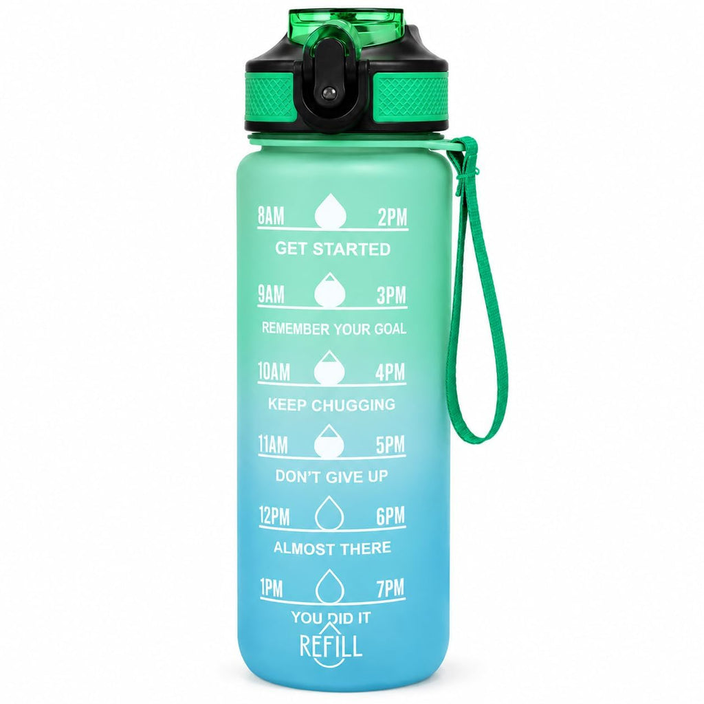 Water Bottle 1L with Time Markings and Carry Handle, Leak-Resistant Reusable Sports Drinking Bottle for Gym, Fitness, Work, School, Travel and Outdoor Use, FL-1 (Green & Blue) - image 1