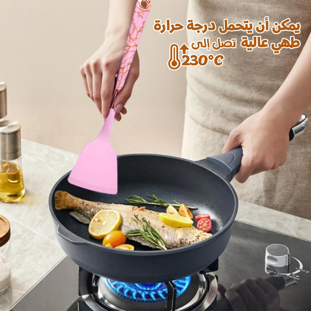 Silicone Cooking Utensils Set 7 Piece Non Stick Heat Resistant Kitchen Tools with Holder for Non Stick Cookware Modern Design (Pink) - image 4