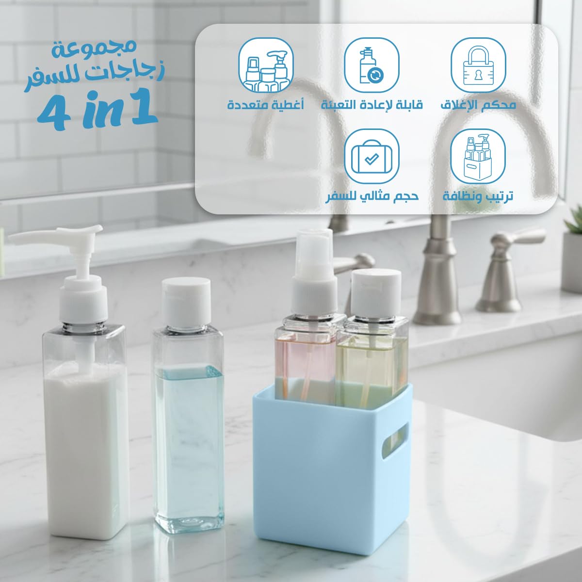 Travel Bottles 4 in 1, Refillable Toiletry Dispenser with Portable Pump and Leak-Resistant Containers for Shampoo, Conditioner, Body Wash, Lotion and Sunscreen, BPA-Free, Blue - image 2