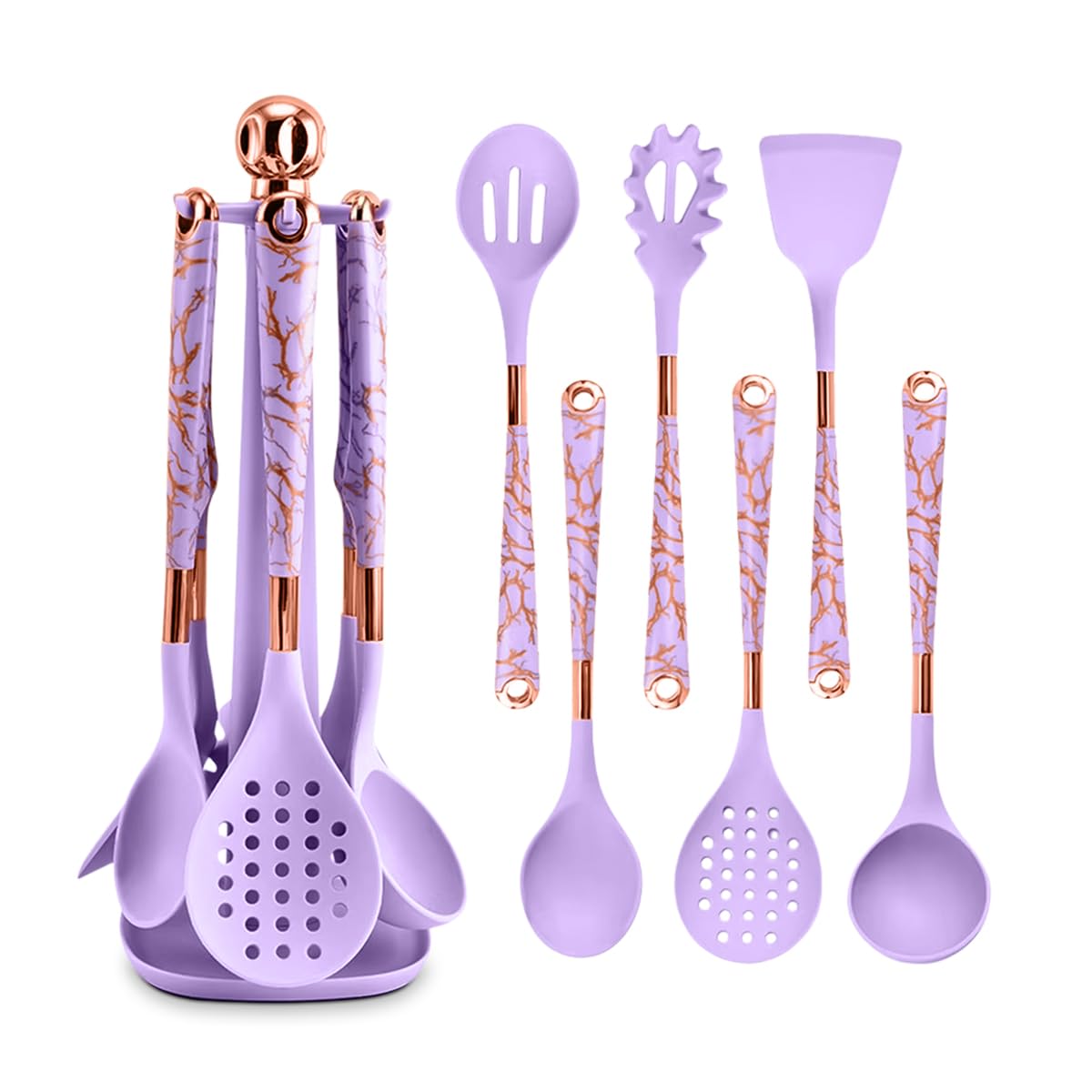 Silicone Cooking Utensils Set 7 Piece Heat Resistant Nonstick Kitchen Tools with Holder Spatula Ladle Slotted Spoon Turner Pasta Server Brush Modern Design Purple - image 1