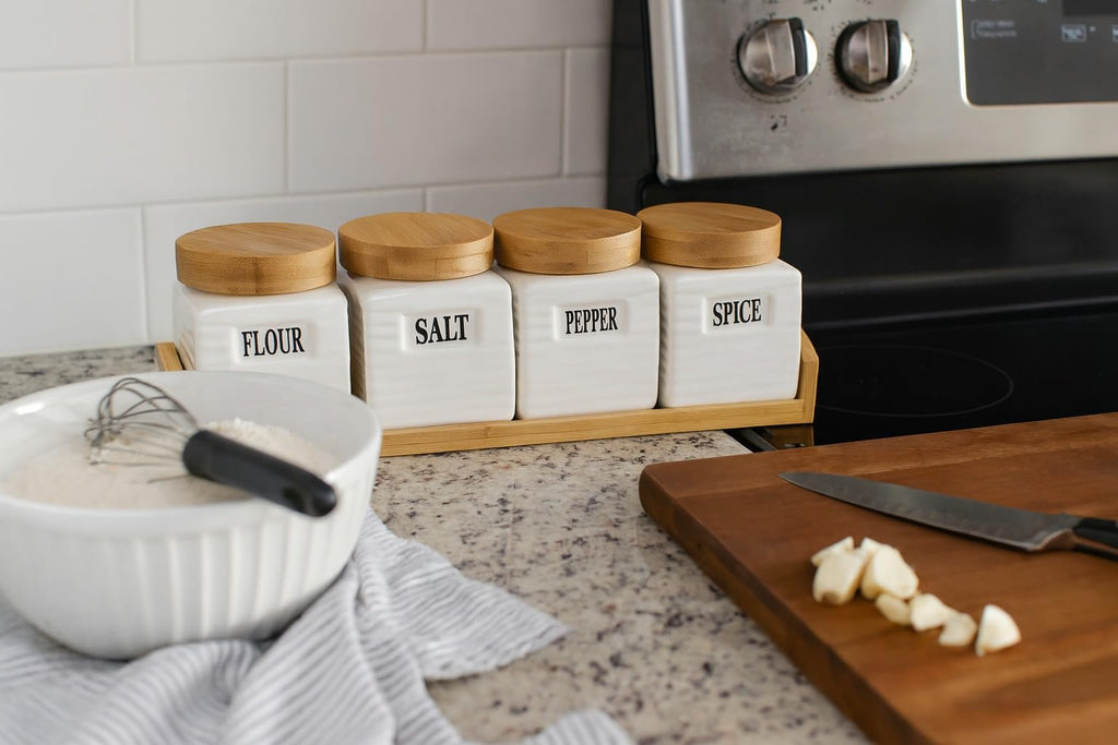 Kitchen Canister Set of 4, Ceramic Storage Jars with Airtight Bamboo Lids and Base, Countertop Containers for Sugar, Salt, Coffee, Tea, Spices and Flour - image 3