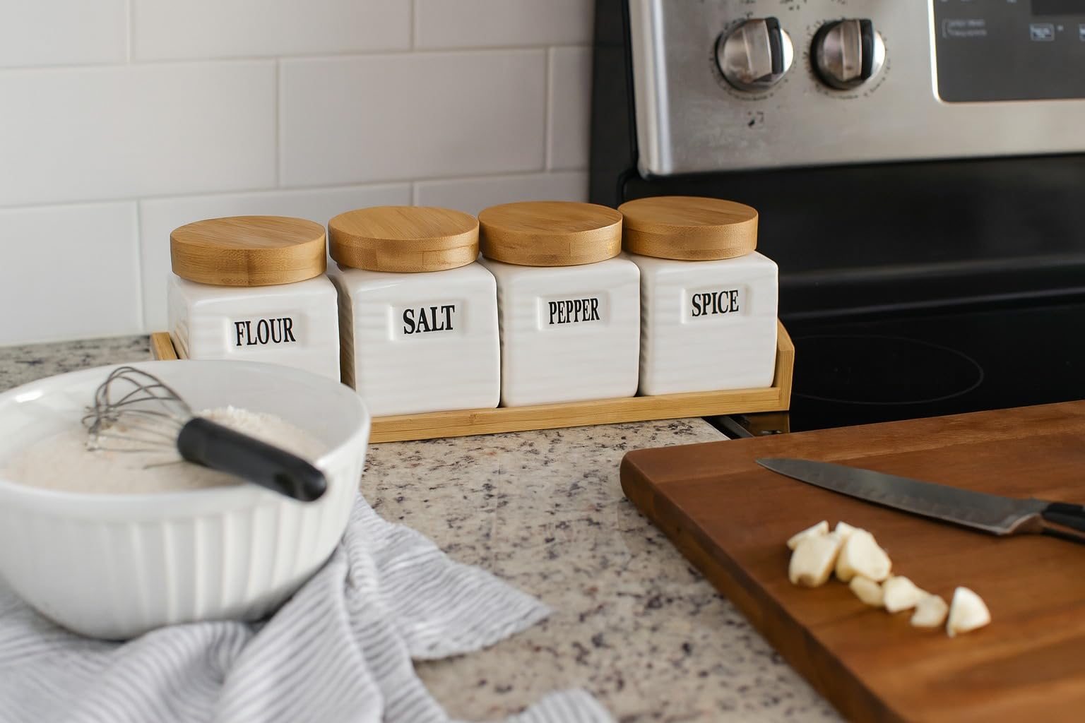 Ceramic Canister Set, 4-Piece Kitchen Storage Jars with Bamboo Lids and Base, White Containers for Sugar, Coffee, Tea, Spices and Dry Food - image 3