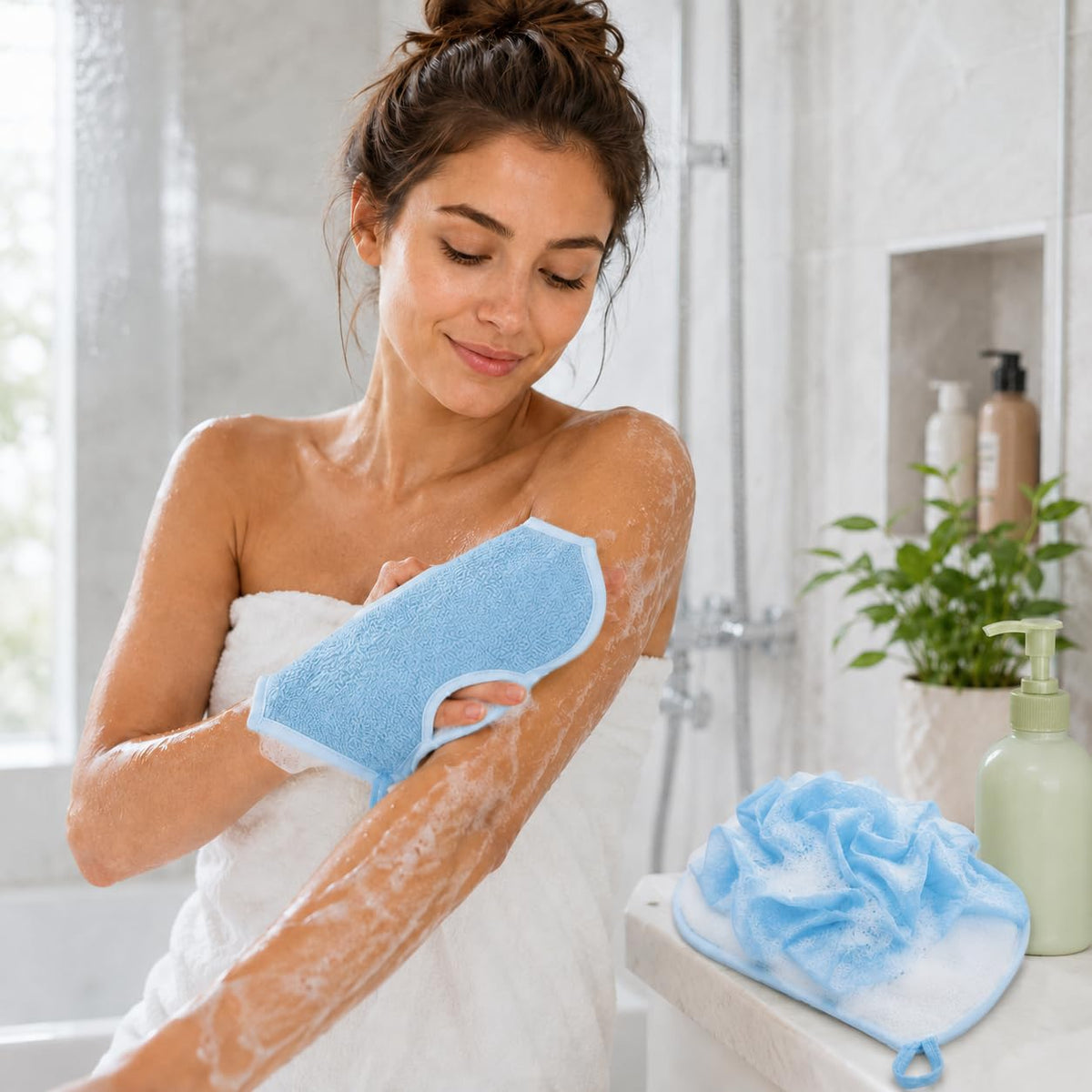 Exfoliating Shower Glove, Body Loofah Bath Mitt with Hanging Loop, Soft Scrub Wash Cloth, Quick Dry Sponge for Men and Women, B-618 (Blue) - image 9