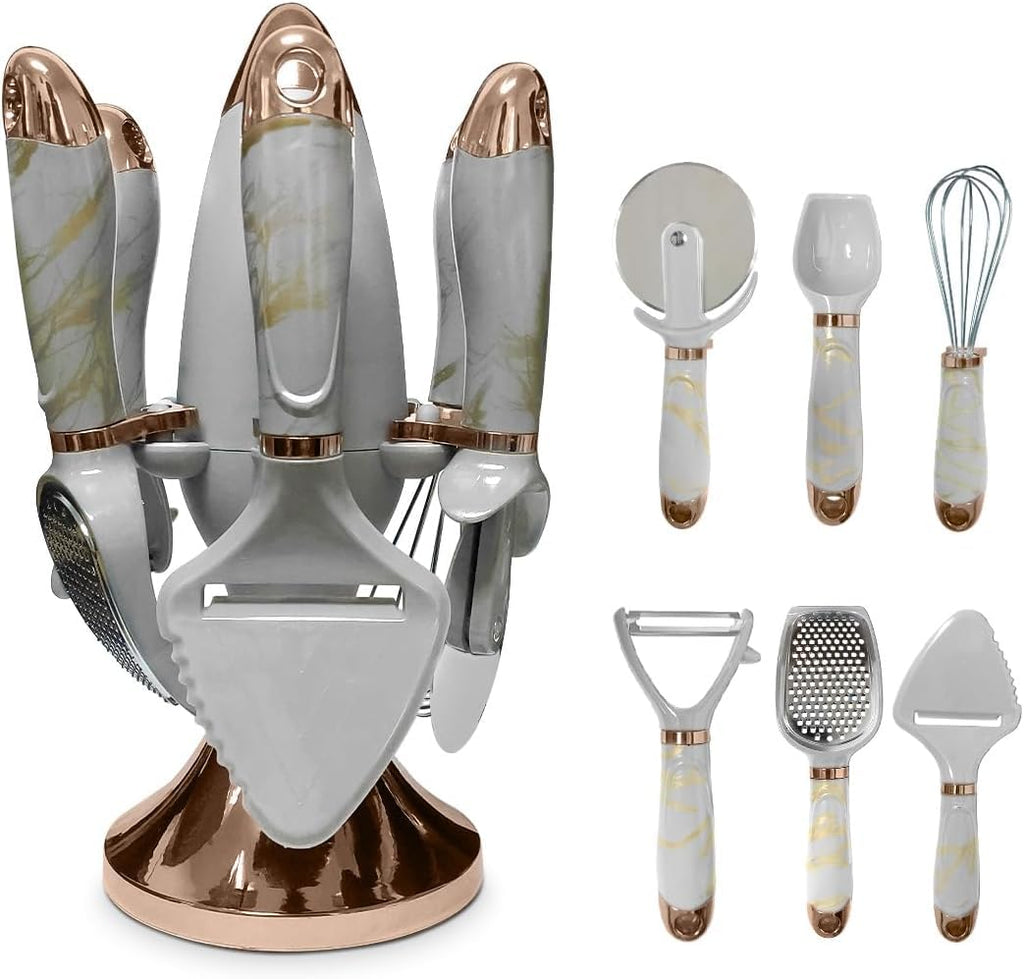 Kitchen Utensils Set 7 Pieces, Stainless Steel Cooking Tools with Holder, Whisk and Grater for Cooking, Serving, Mixing and Baking (White) - image 1