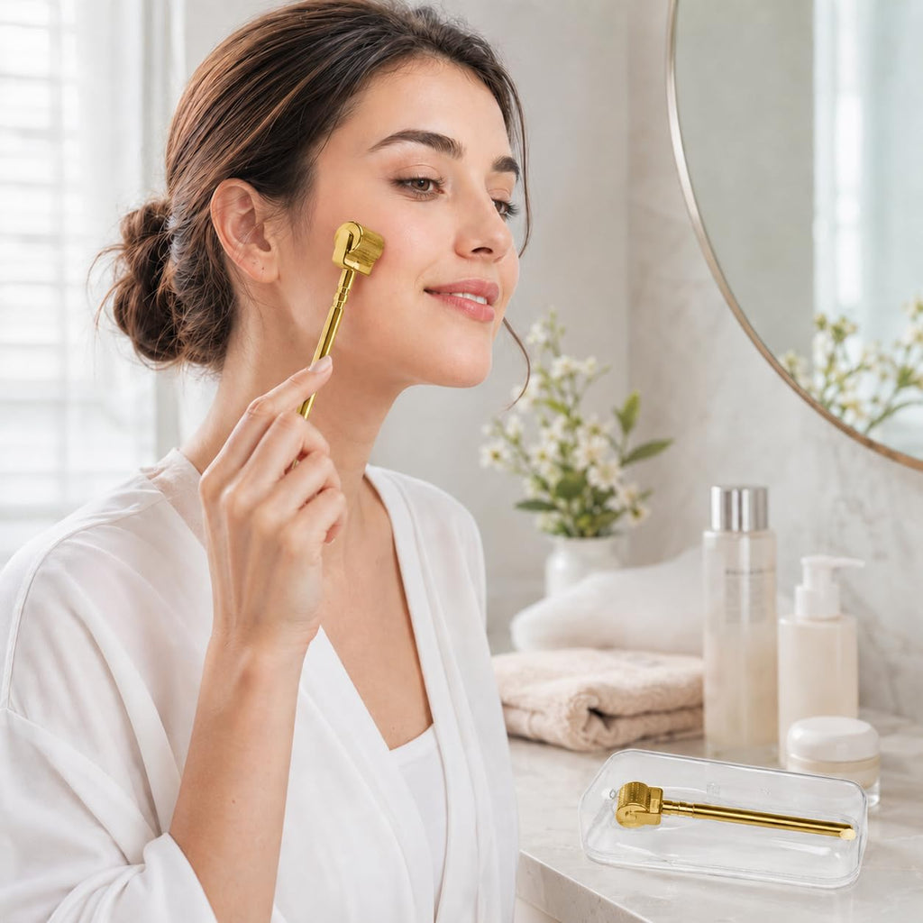 Derma Roller Microneedling Kit 540 Titanium Micro Needles, 0.75 mm Handheld Skincare Tool for Face Body, Ergonomic Handle, Storage Case, Unisex, Gold - image 6