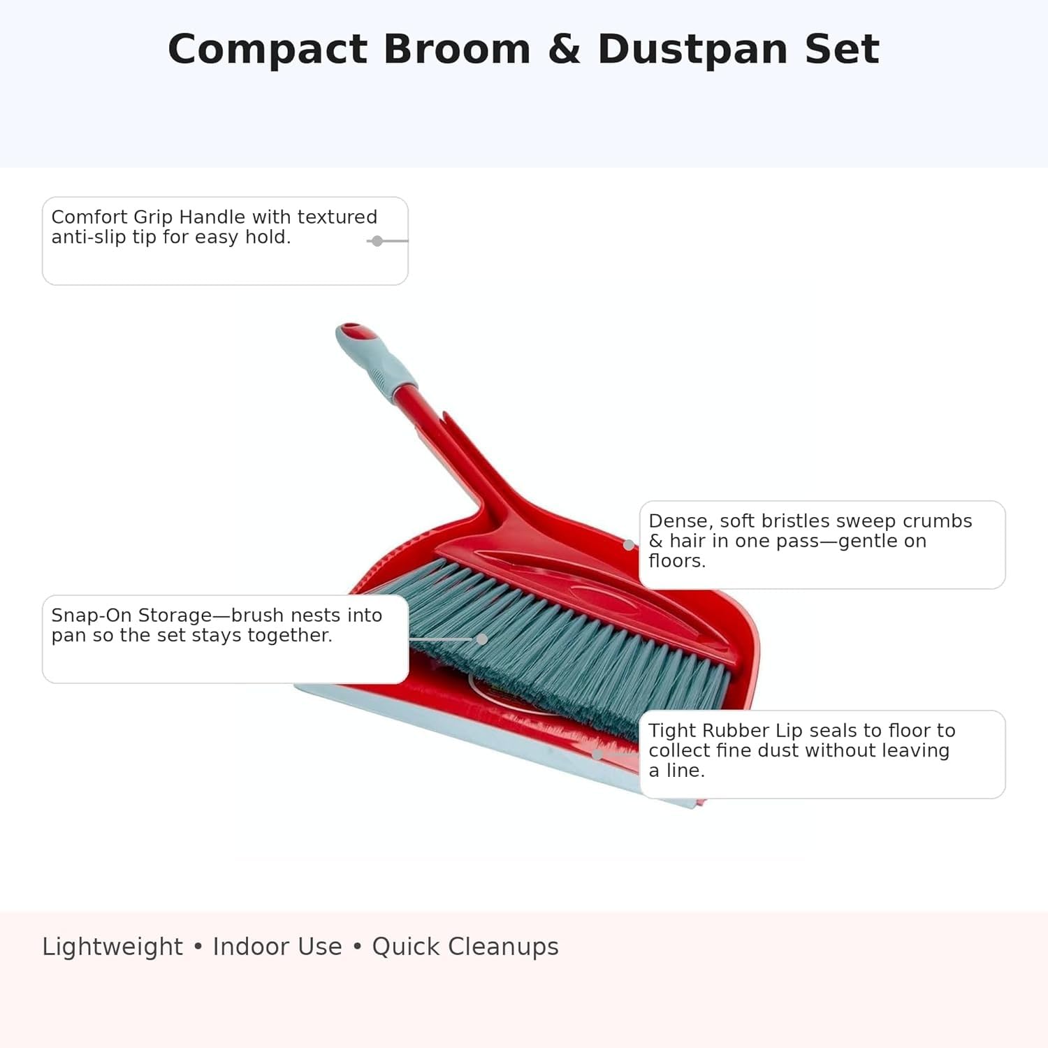 Broom and Dustpan Set, Long-Handle Upright Floor Sweeper with ABS Plastic Pan for Home, Kitchen, Office and Balcony Cleaning (Red, C130016) - image 2