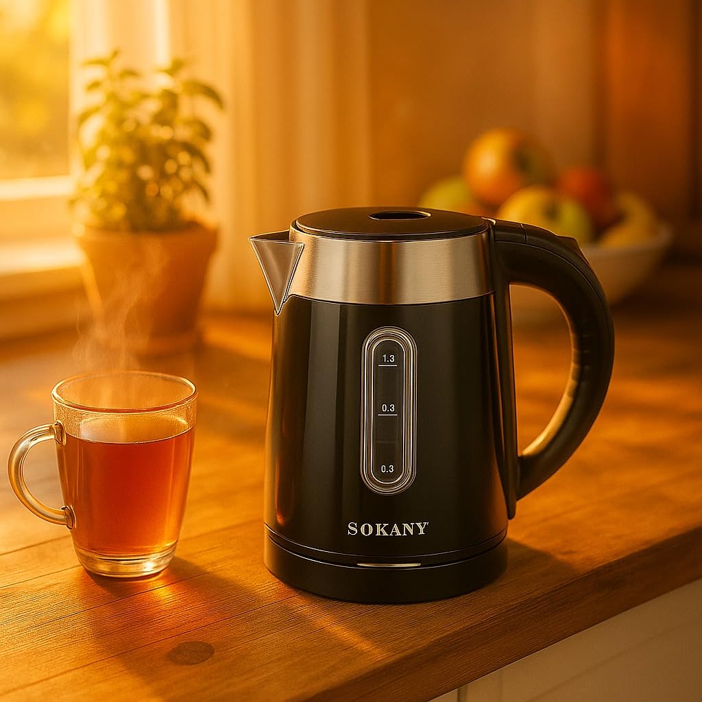Electric Kettle 1L Stainless Steel, 1200W Fast Boiling Water Boiler with Auto Power‑Off, 360° Swivel Base & Indicator Lamp, SK‑0808 – Sokany (Black) - image 4