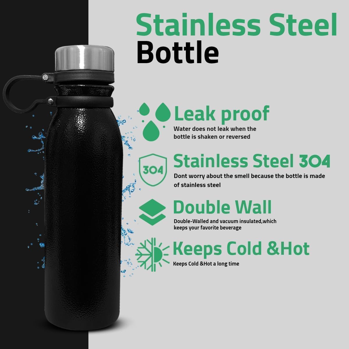 Water Bottle 600ml, Stainless Steel Vacuum Insulated Flask with Double Wall Leak-Resistant Design for Hot and Cold Drinks, Sports, Travel, Office and Gym, Black - image 2