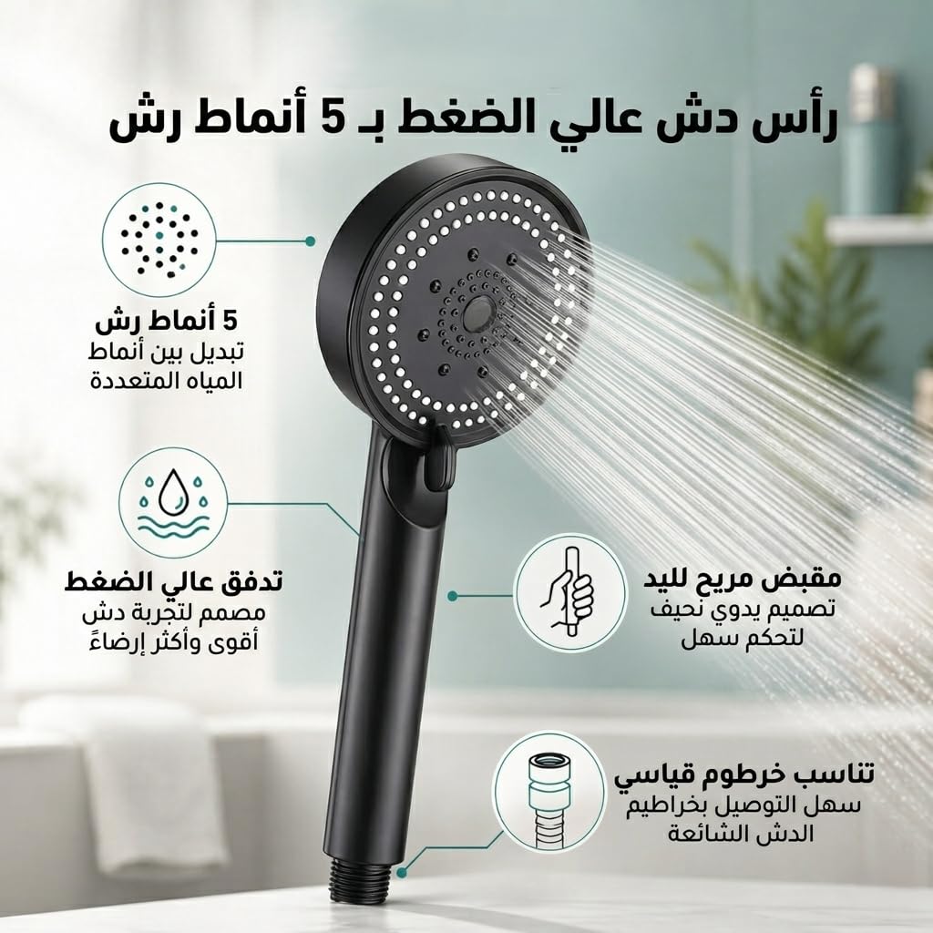 Handheld Shower Head with 5 Spray Modes, High-Pressure Water-Saving Bathroom Sprayer with Adjustable Flow, Lightweight Plastic Shower Nozzle - image 3