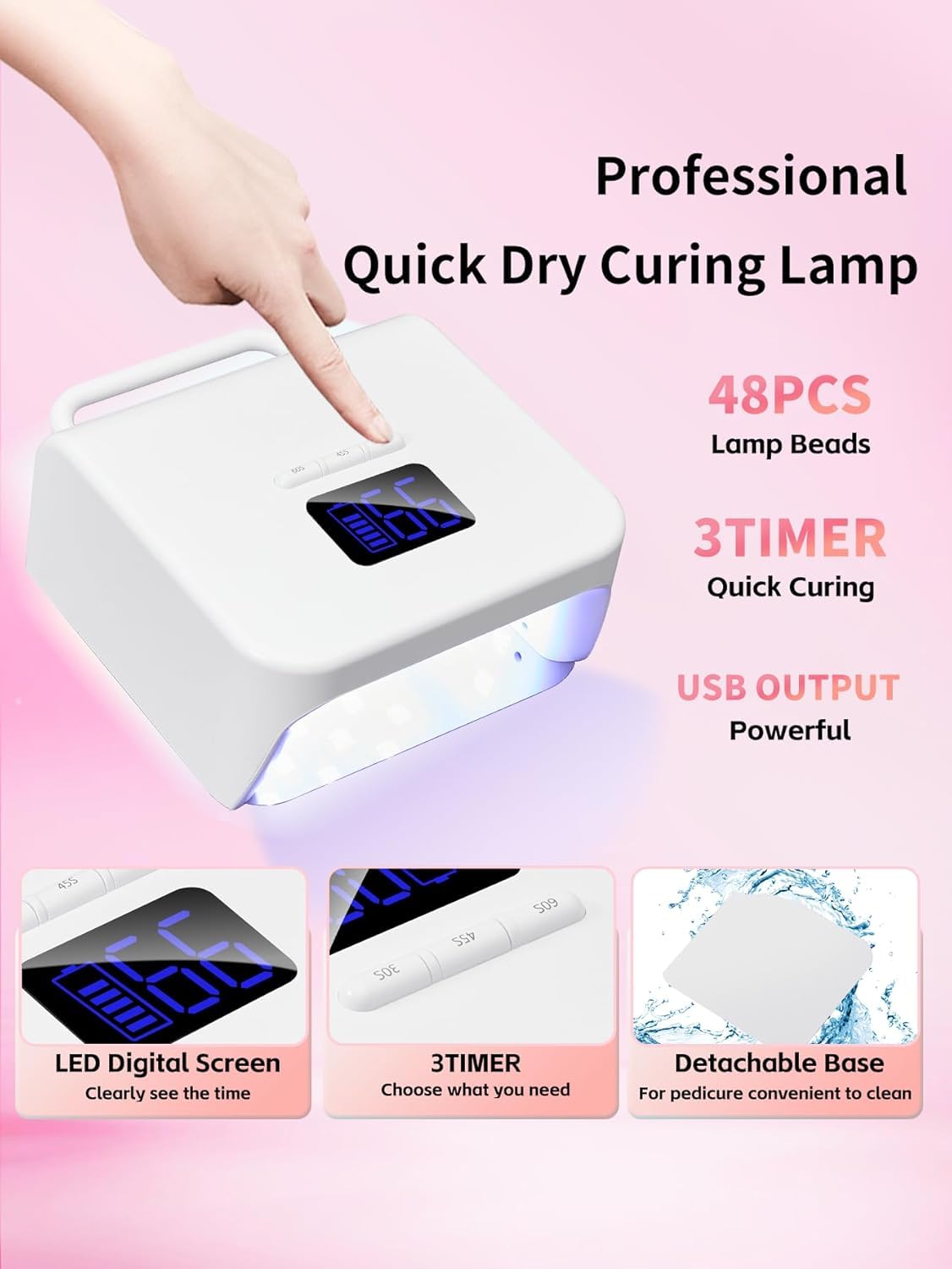 UV Nail Lamp 220W Cordless LED Dryer 48 LEDs Digital Display for Gel Polish Manicure Pedicure Rechargeable Portable Salon BY-10 White - image 4