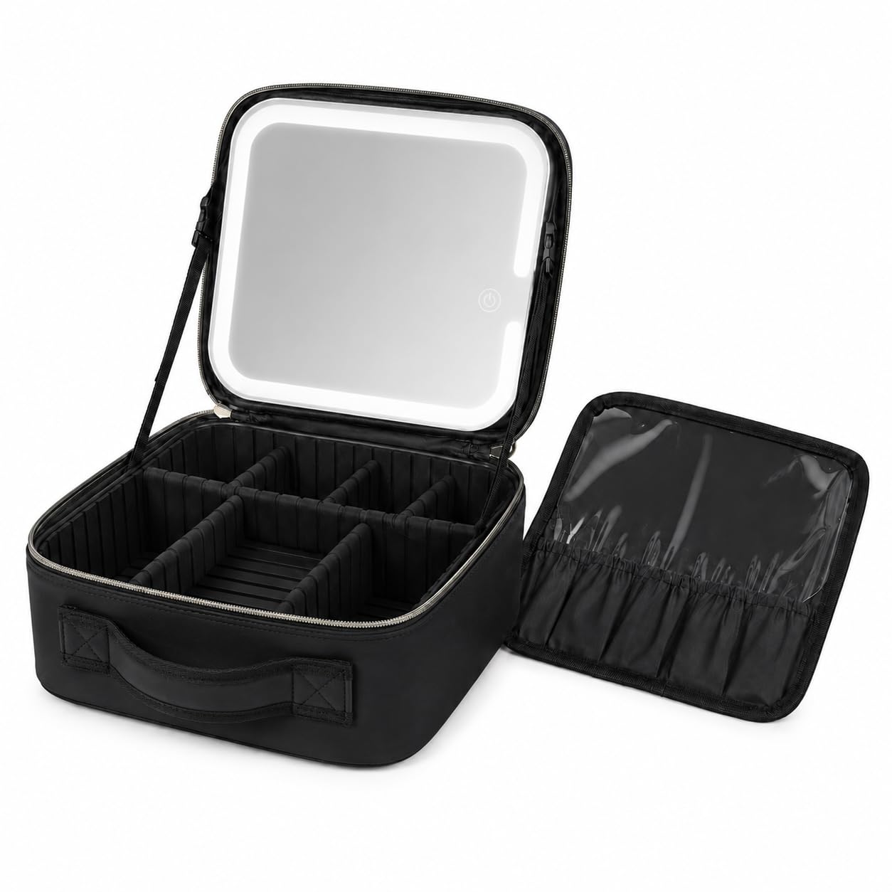 Makeup Bag with LED Mirror, Portable Cosmetic Case with 3 Light Modes, Adjustable Compartments and Water-Resistant ABS Storage Organizer for Women, Home and Travel, X-494, Black - image 1