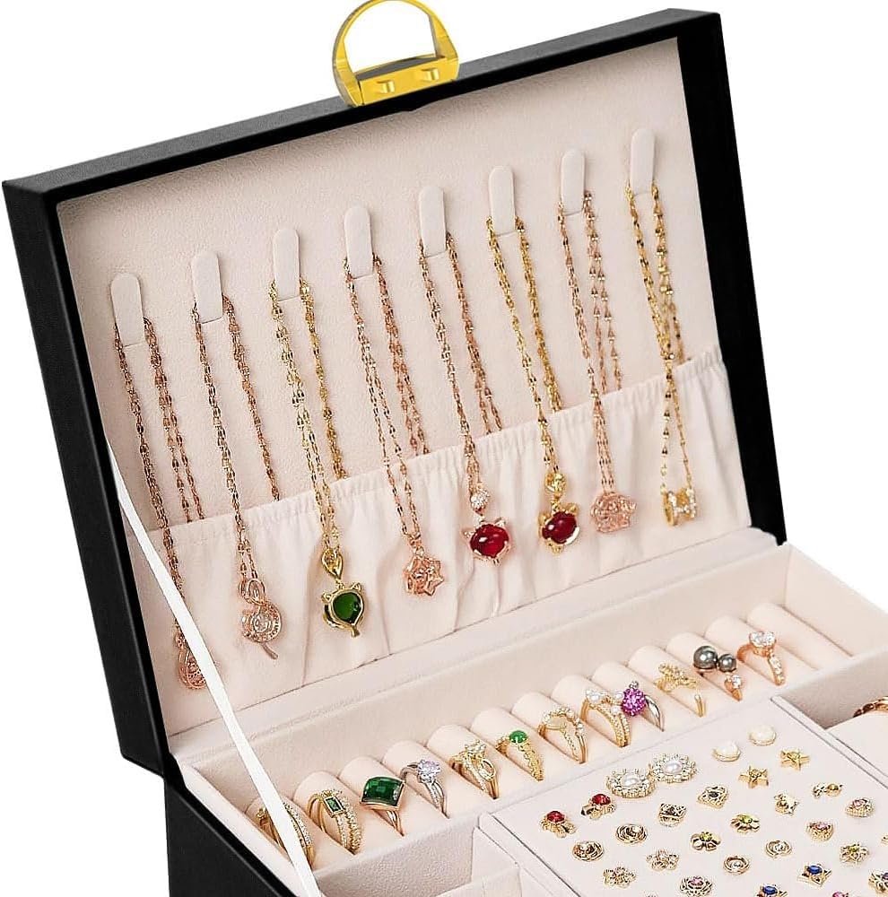 Accessories Organizer for Women, Travel Jewelry Box, 3-Layer Locking Jewelry Storage Case for Earrings, Bracelets, Rings, Watches, Brown - image 6