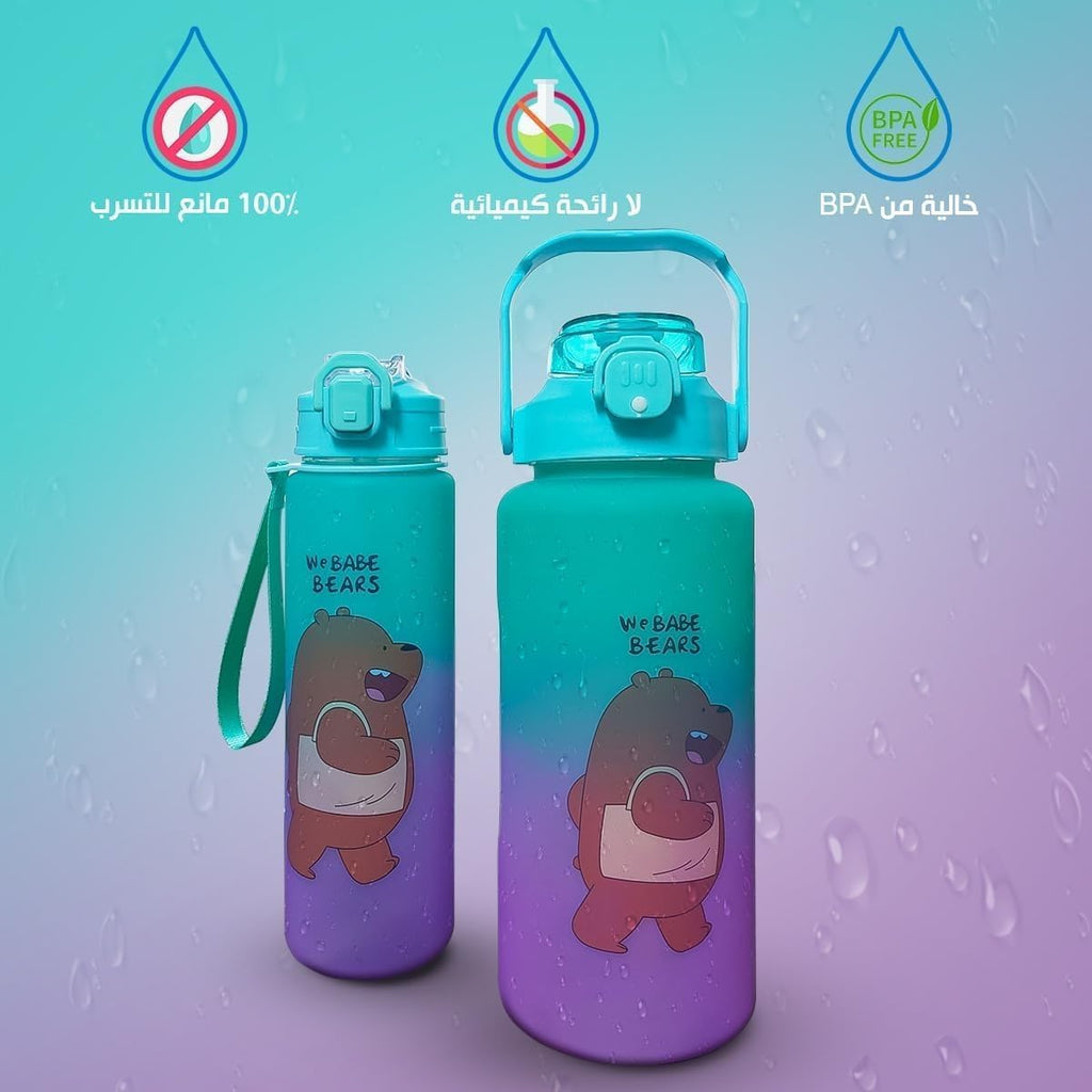 Water Bottle Set of 2, 2L and 800ml Sports Bottles with Straw, Time Marker and Leakproof Lid, Reusable for Gym, Travel, Office and Outdoor Use, Green Purple - image 2