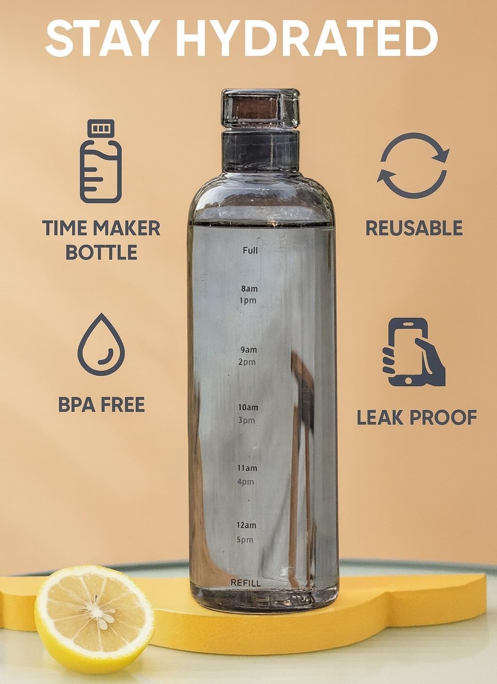 Water Bottle 500ml, Bottle with Time Markers, Leakproof Lid and Wide Mouth, BPA-Free Reusable Sports Flask for Gym, Office and Travel (Transparent) - image 4
