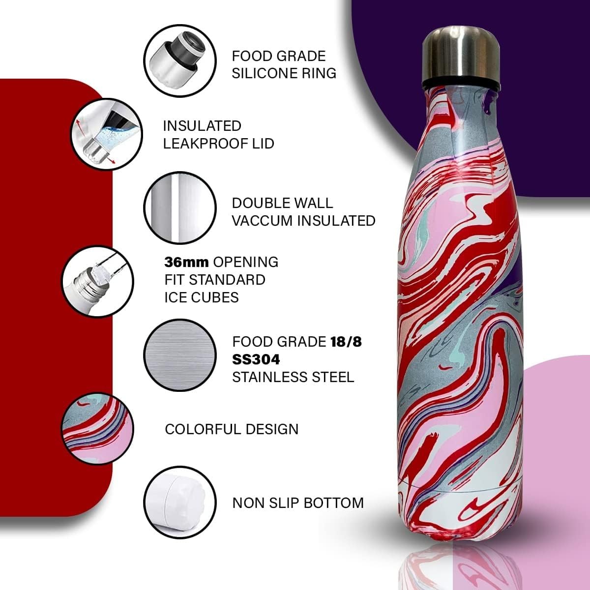Water Bottle 500ml Stainless Steel Vacuum Insulated Double Wall, Leak-Proof for Hot Cold Drinks, BPA-Free Motivational Bottle for Gym Travel Office Outdoor (Multicolor) - image 2