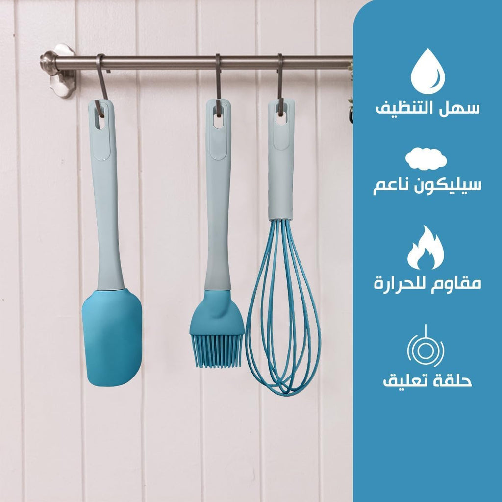 Silicone Cooking Utensils Set 3 Pcs Spatula Whisk Brush Heat Resistant Non Stick Tools for Baking and Cooking with Plastic Handle Kitchen Accessories (Blue) - image 2
