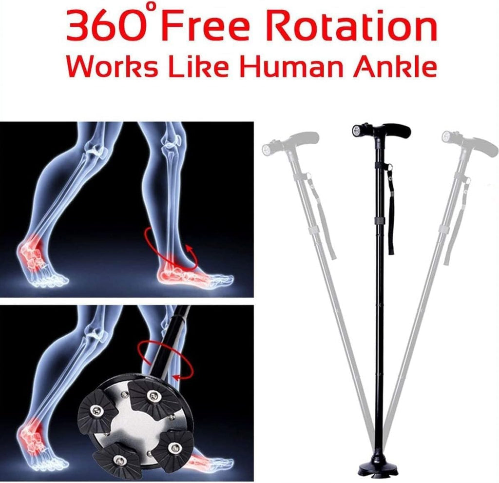 Walking Cane Adjustable Folding with LED Light, Quad Base Pivot, Ergonomic Rubber Handle, Portable Sturdy Support Stick for Seniors Men Women Hiking - image 6